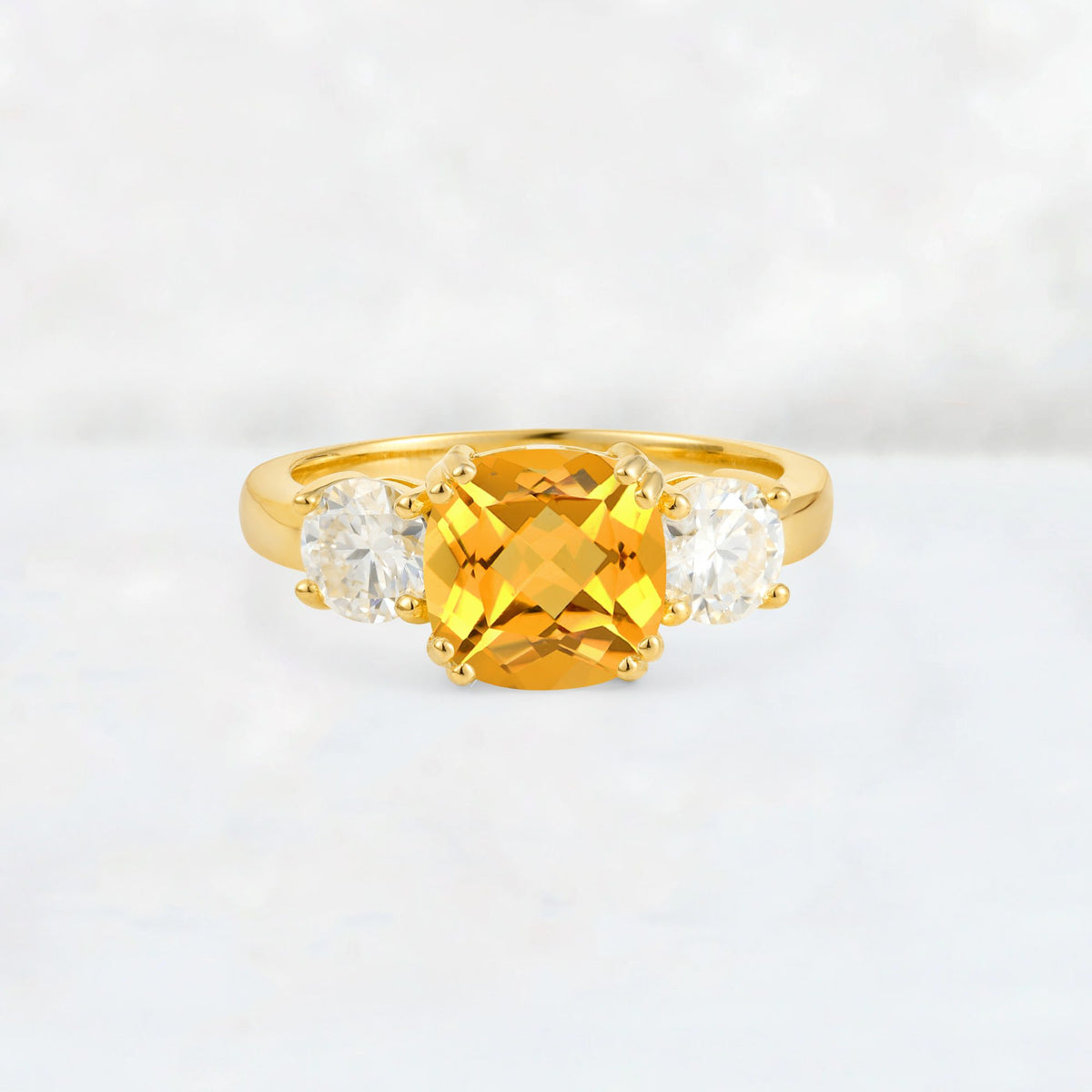 Cushion Citrine Round Side Stone Three-Stone Engagement Ring - Additional view