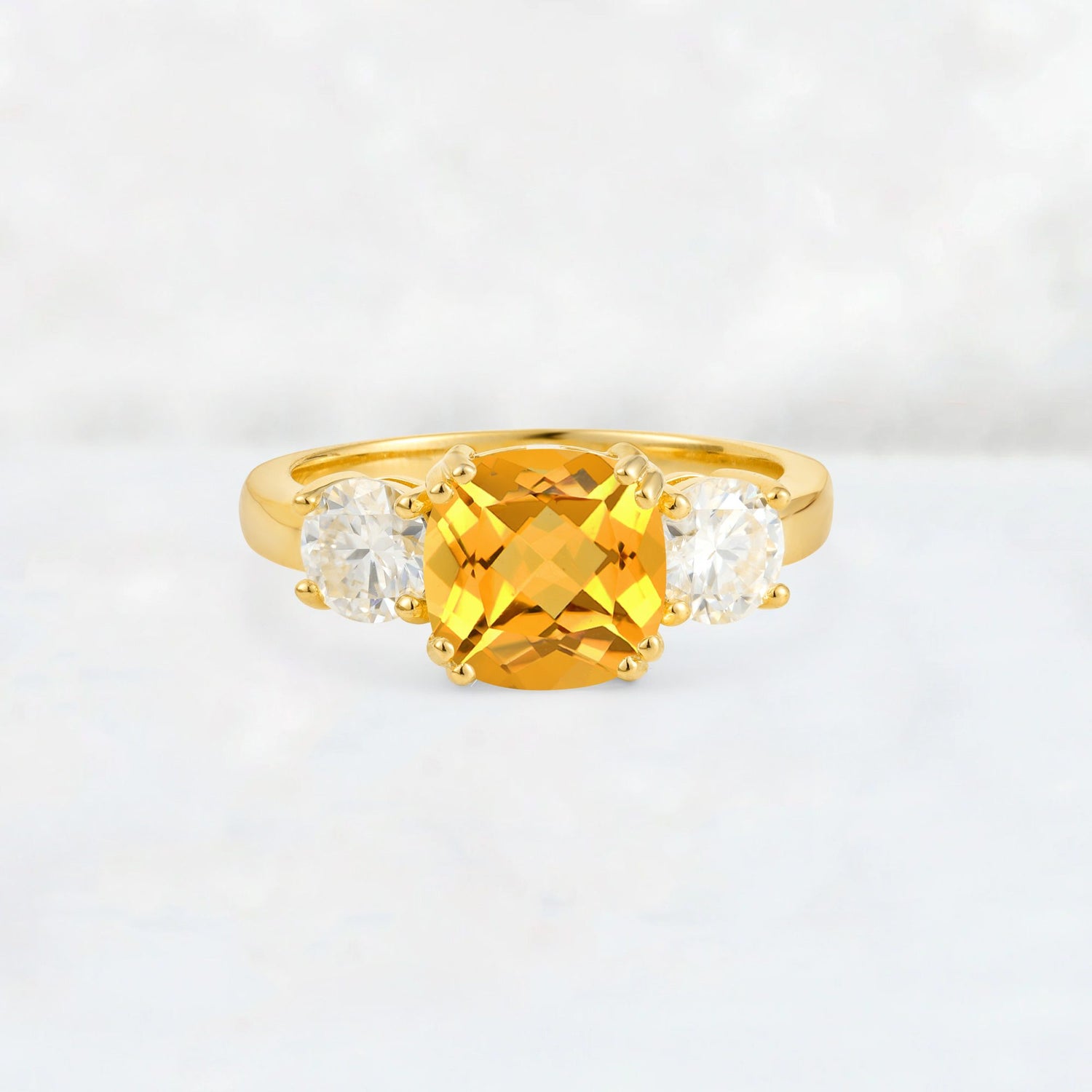 Cushion Citrine Round Side Stone Three-Stone Engagement Ring - Additional view