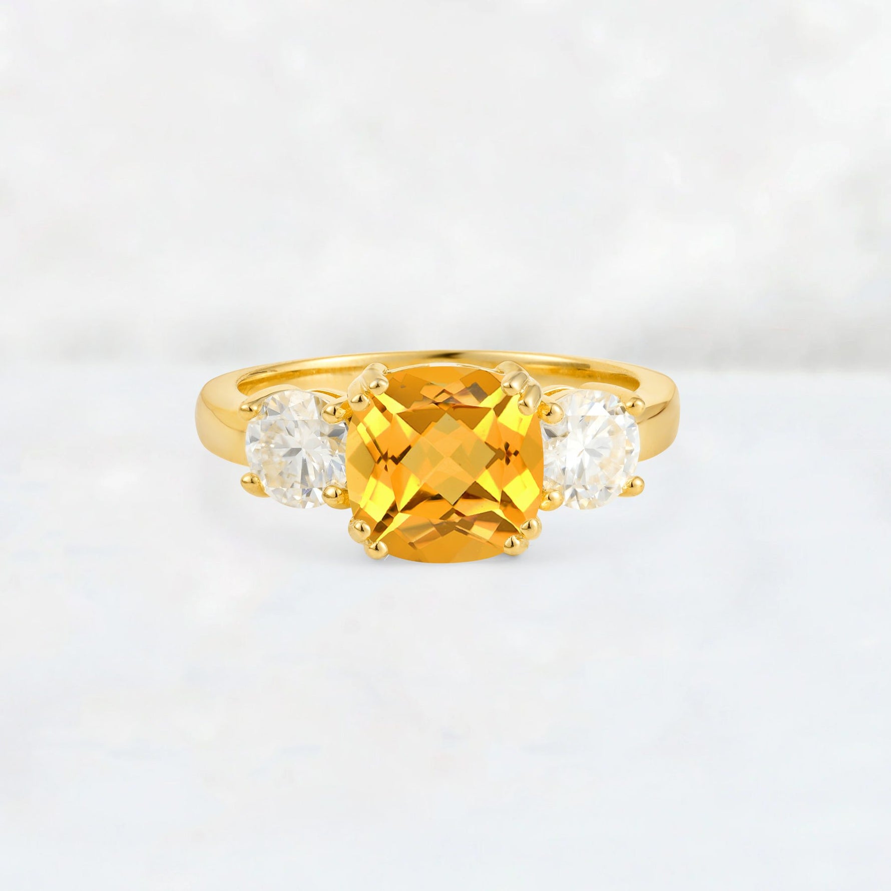 Cushion Citrine Round Side Stone Three-Stone Engagement Ring - Additional view