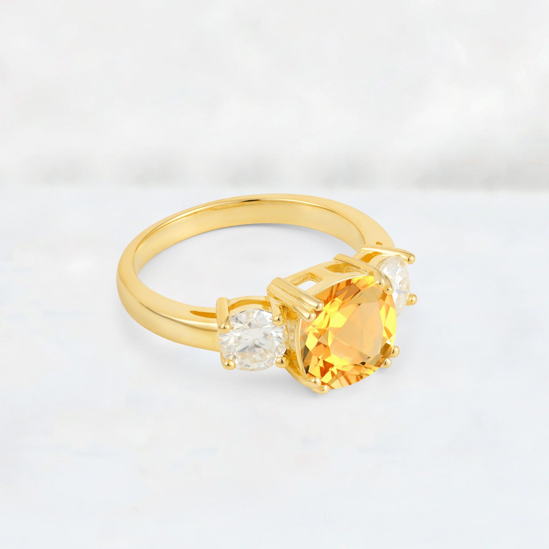 Cushion Citrine Round Side Stone Three-Stone Engagement Ring - Additional view