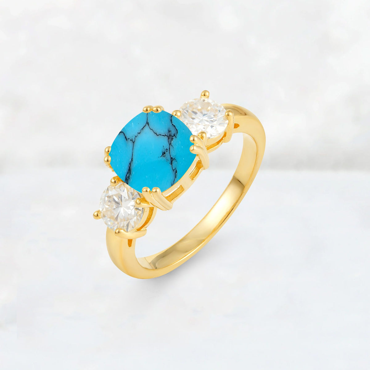 Cushion Turquoise Round Side Stone Three-Stone Engagement Ring - Additional view