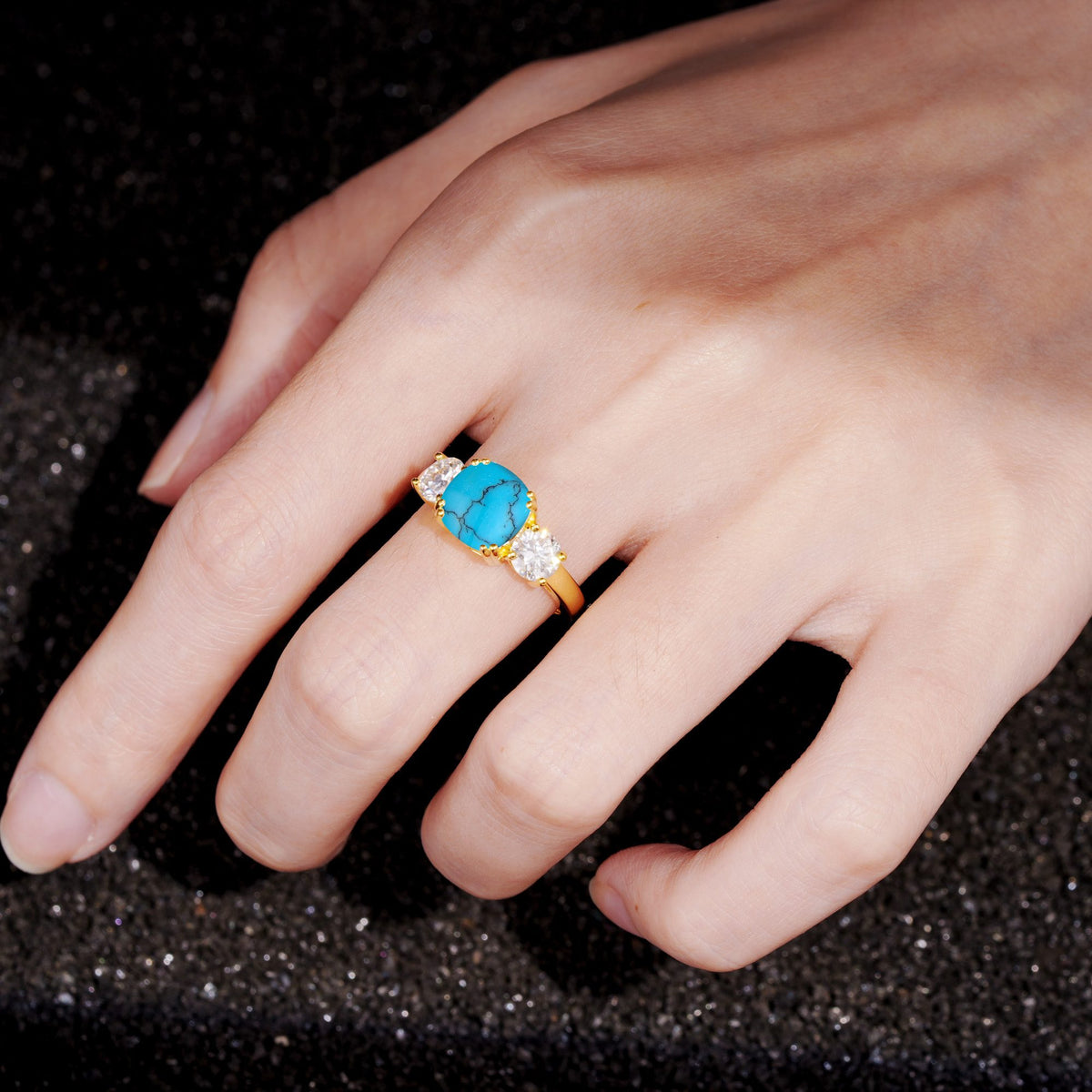 Cushion Turquoise Round Side Stone Three-Stone Engagement Ring - Additional view