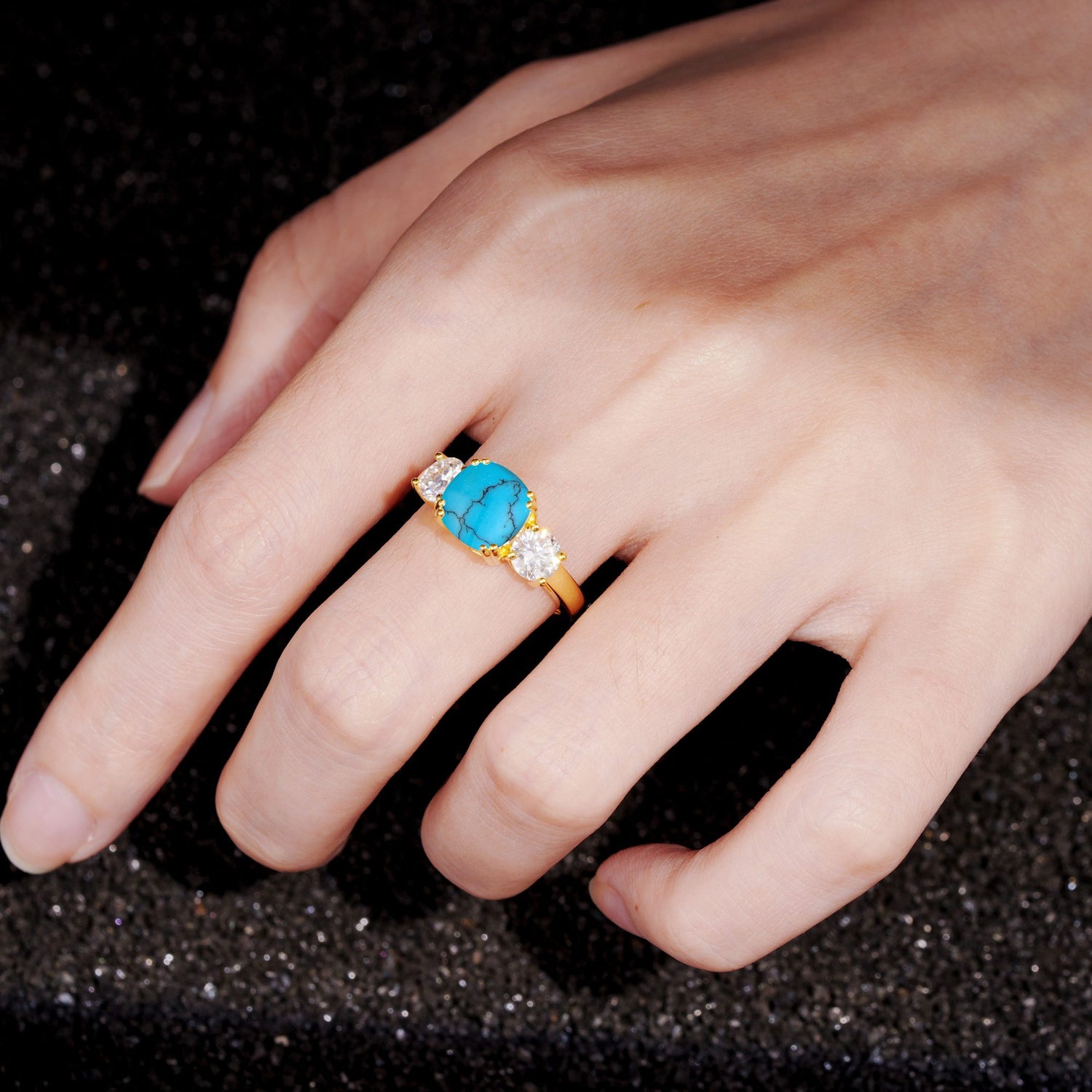 Cushion Turquoise Round Side Stone Three-Stone Engagement Ring - Additional view