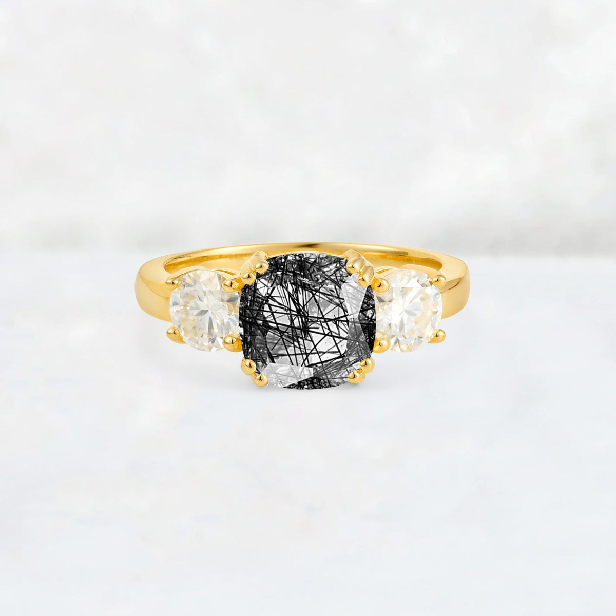 Cushion Black Rutilated Quartz Round Side Stone Three-Stone Engagement Ring - Additional view