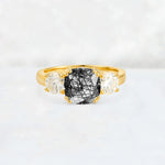 Cushion Black Rutilated Quartz Round Side Stone Three-Stone Engagement Ring - Additional view