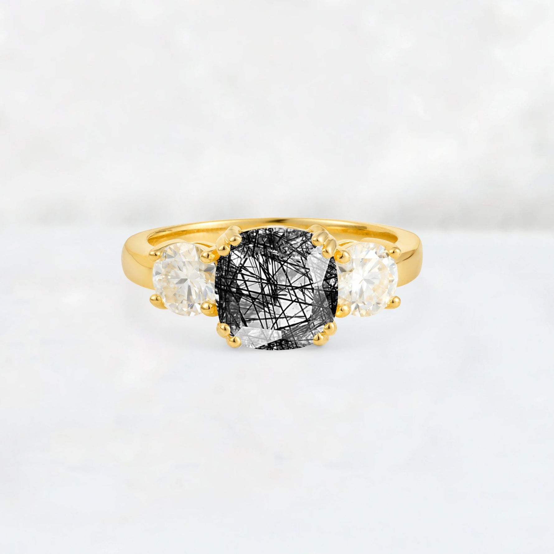 Cushion Black Rutilated Quartz Round Side Stone Three-Stone Engagement Ring - Additional view