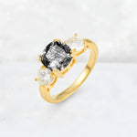 Cushion Black Rutilated Quartz Round Side Stone Three-Stone Engagement Ring - Additional view