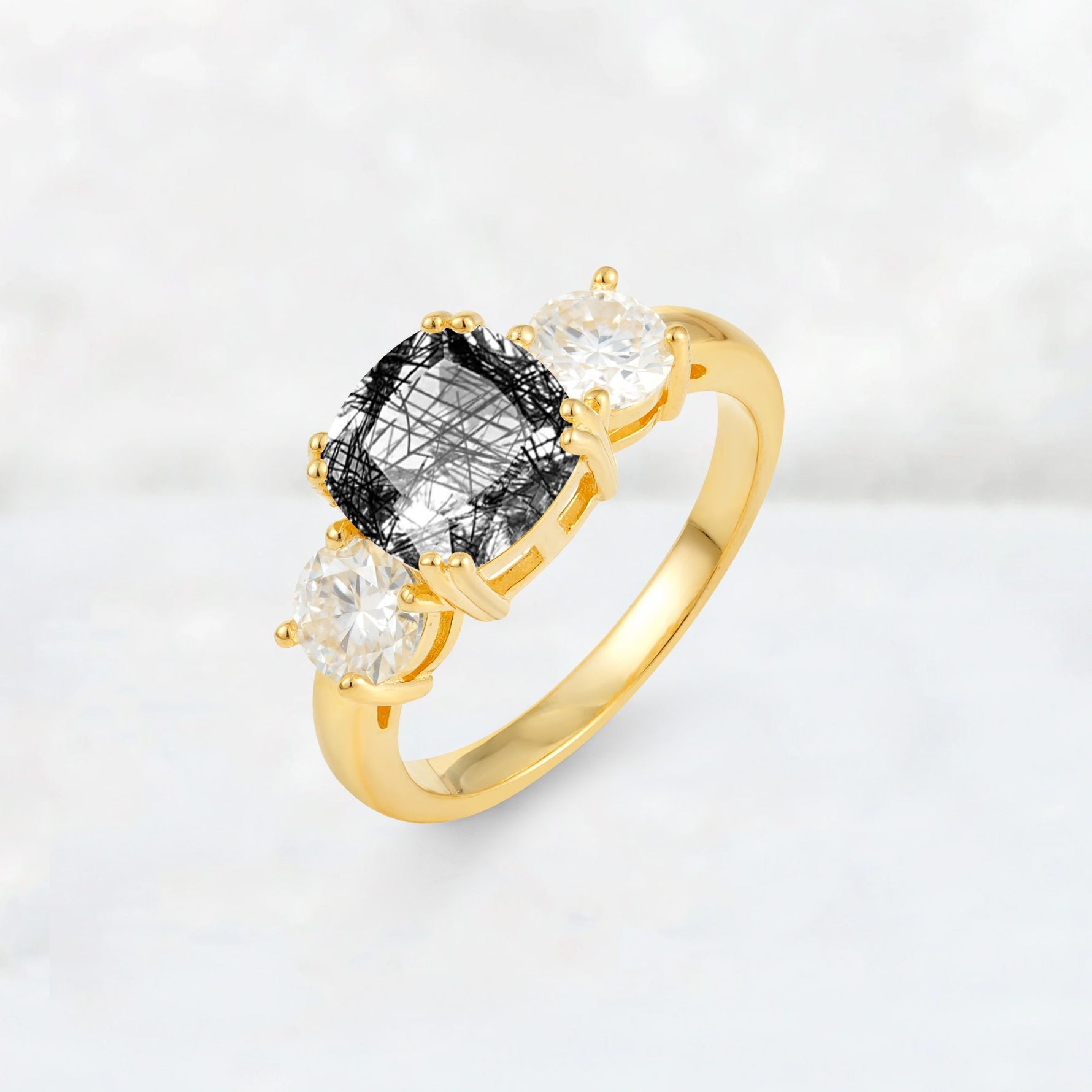 Cushion Black Rutilated Quartz Round Side Stone Three-Stone Engagement Ring - Additional view