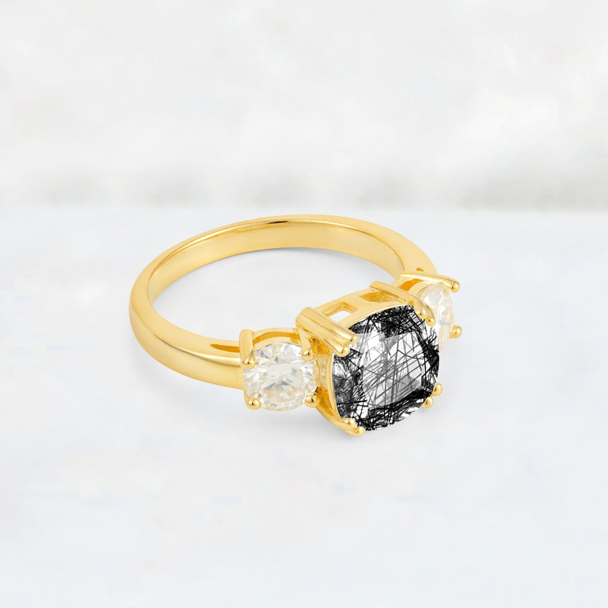 Cushion Black Rutilated Quartz Round Side Stone Three-Stone Engagement Ring - Additional view