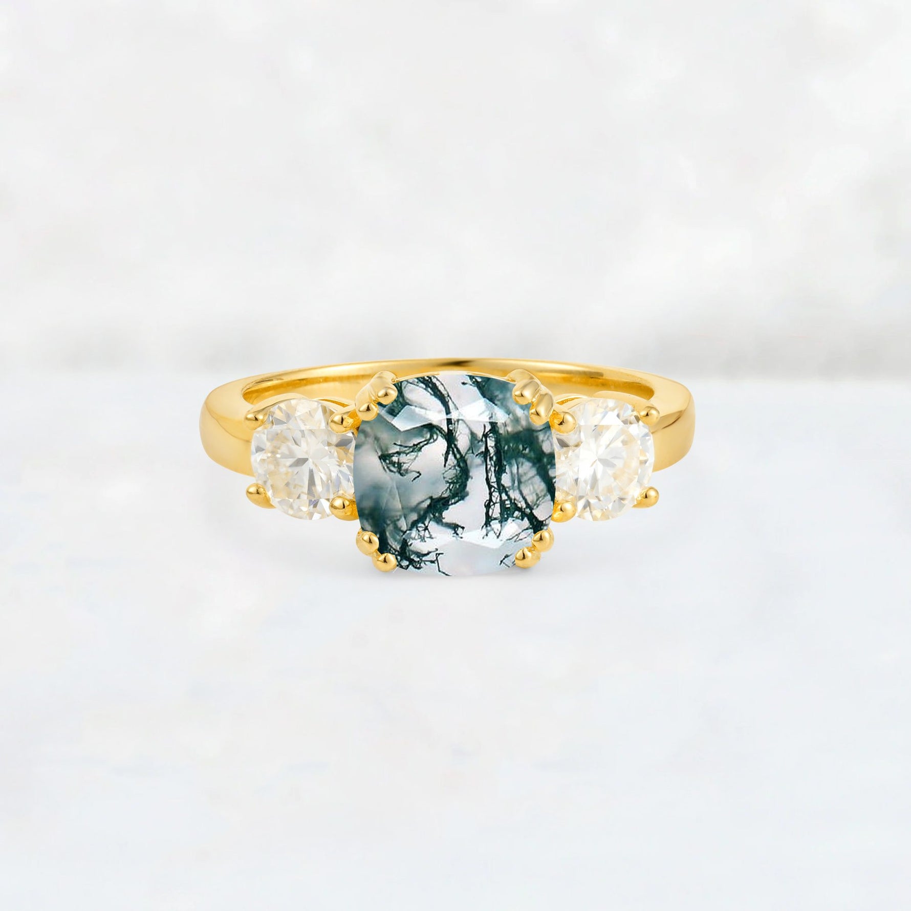 Cushion Moss Agate Round Side Stone Three-Stone Engagement Ring - Additional view