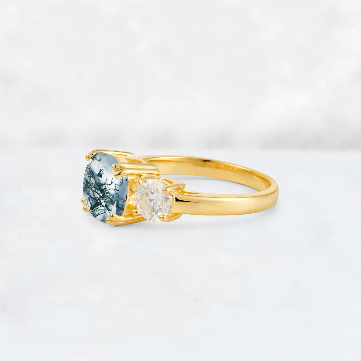 Cushion Moss Agate Round Side Stone Three-Stone Engagement Ring - Additional view