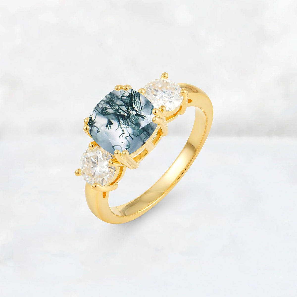 Cushion Moss Agate Round Side Stone Three-Stone Engagement Ring - Additional view