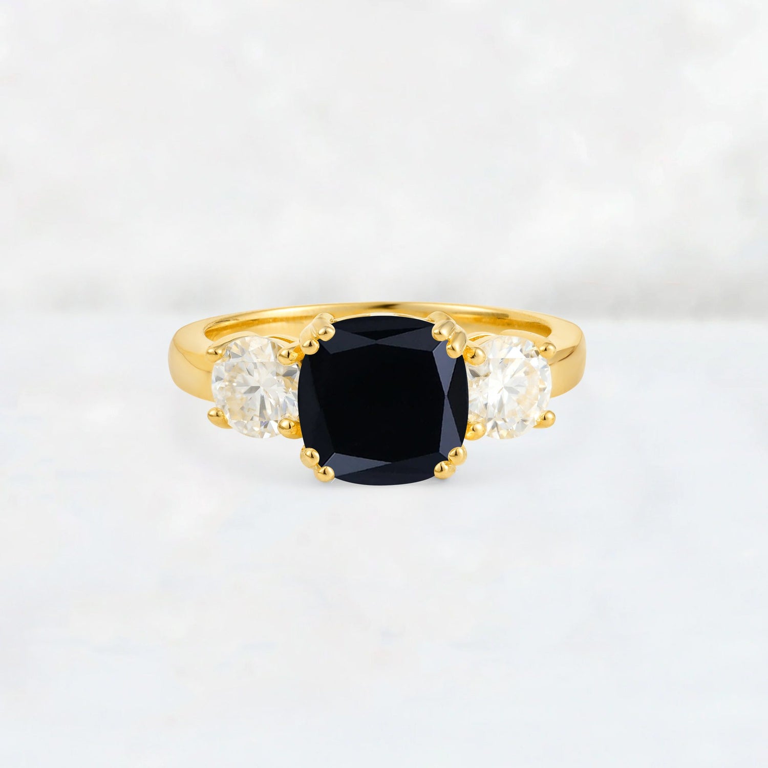 Cushion Black Onyx Round Side Stone Three-Stone Engagement Ring - Additional view