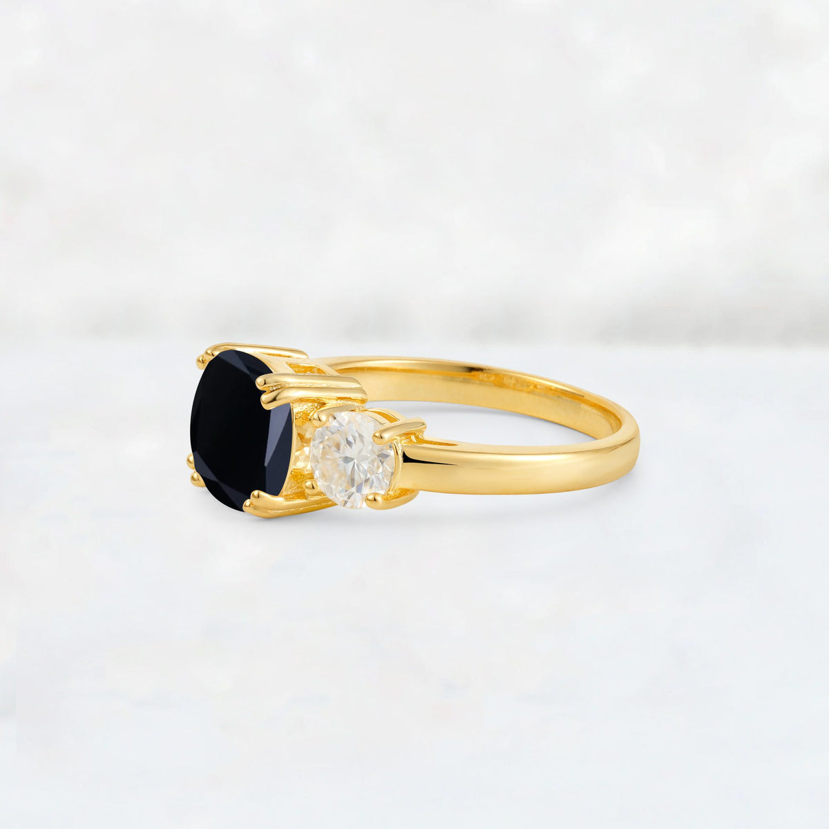 Cushion Black Onyx Round Side Stone Three-Stone Engagement Ring - Additional view