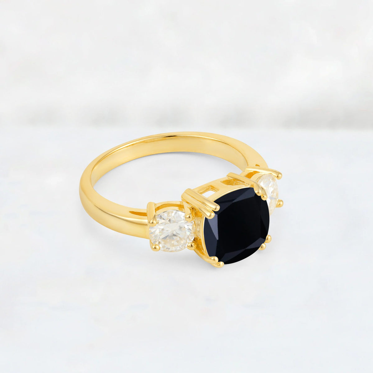 Cushion Black Onyx Round Side Stone Three-Stone Engagement Ring - Additional view