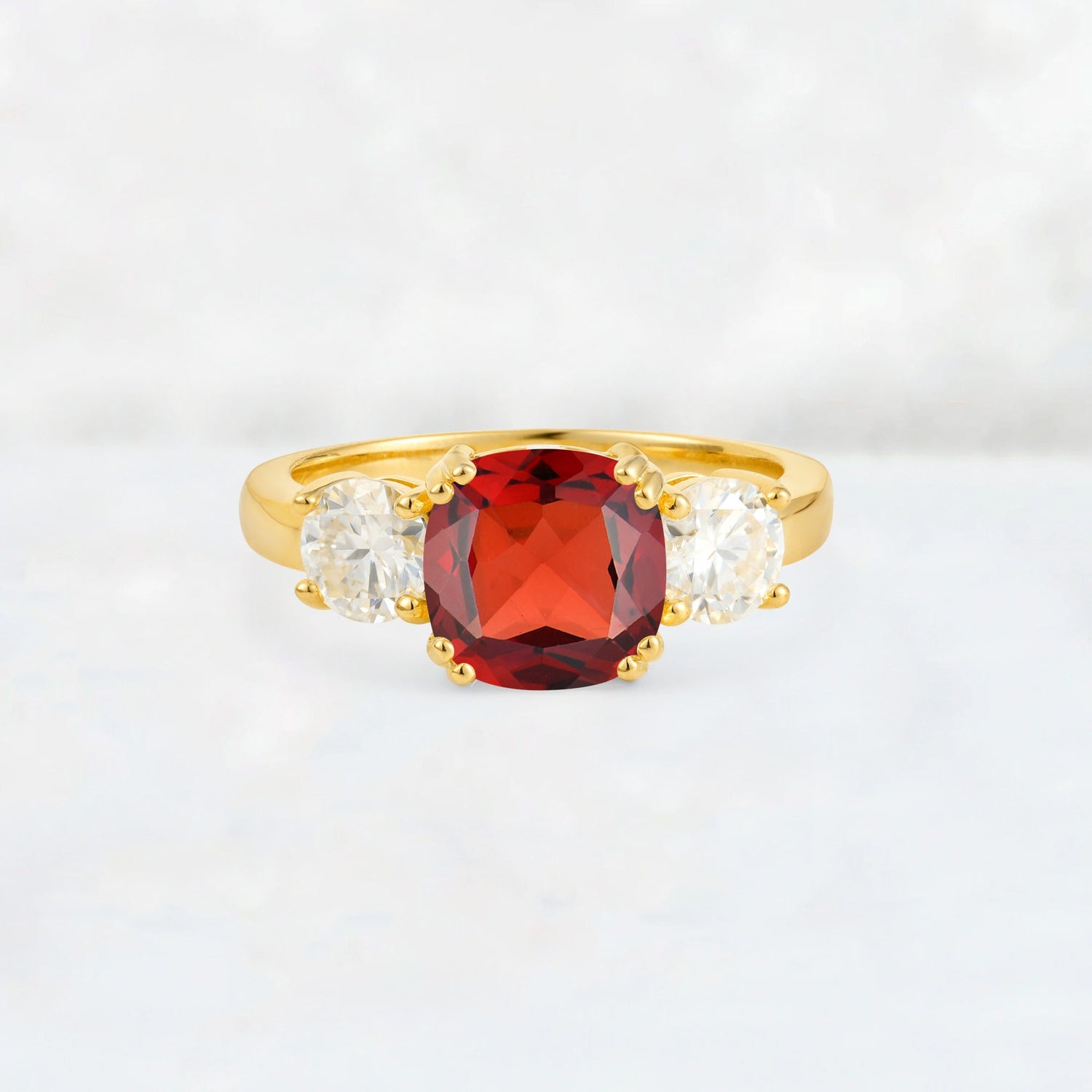 Cushion Garnet Round Side Stone Three-Stone Engagement Ring - Additional view