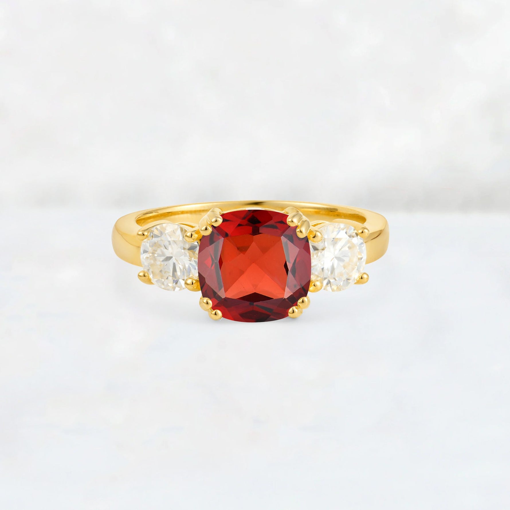 Cushion Garnet Round Side Stone Three-Stone Engagement Ring - Additional view