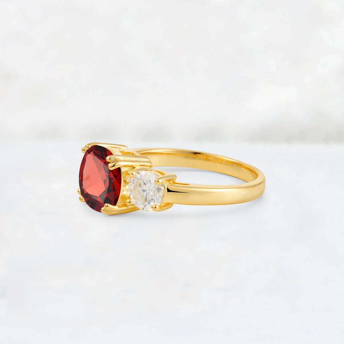 Cushion Garnet Round Side Stone Three-Stone Engagement Ring - Additional view
