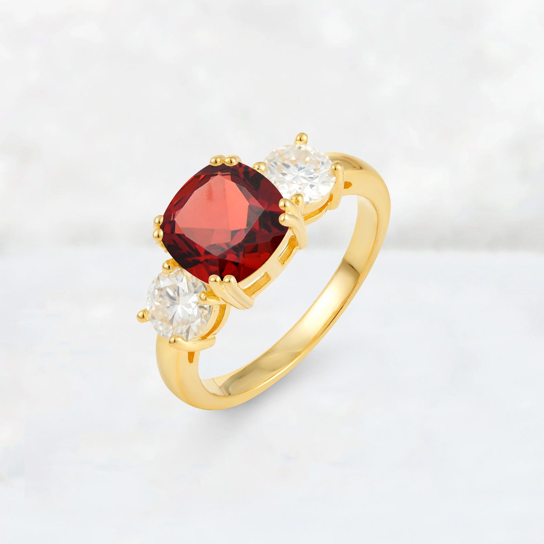 Cushion Garnet Round Side Stone Three-Stone Engagement Ring - Additional view
