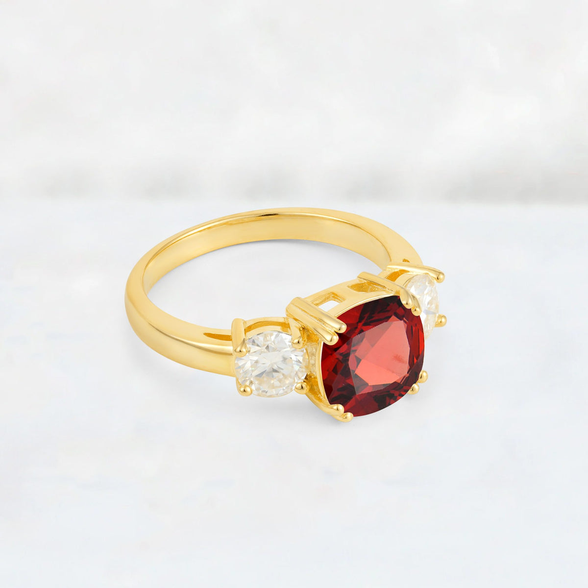 Cushion Garnet Round Side Stone Three-Stone Engagement Ring - Additional view