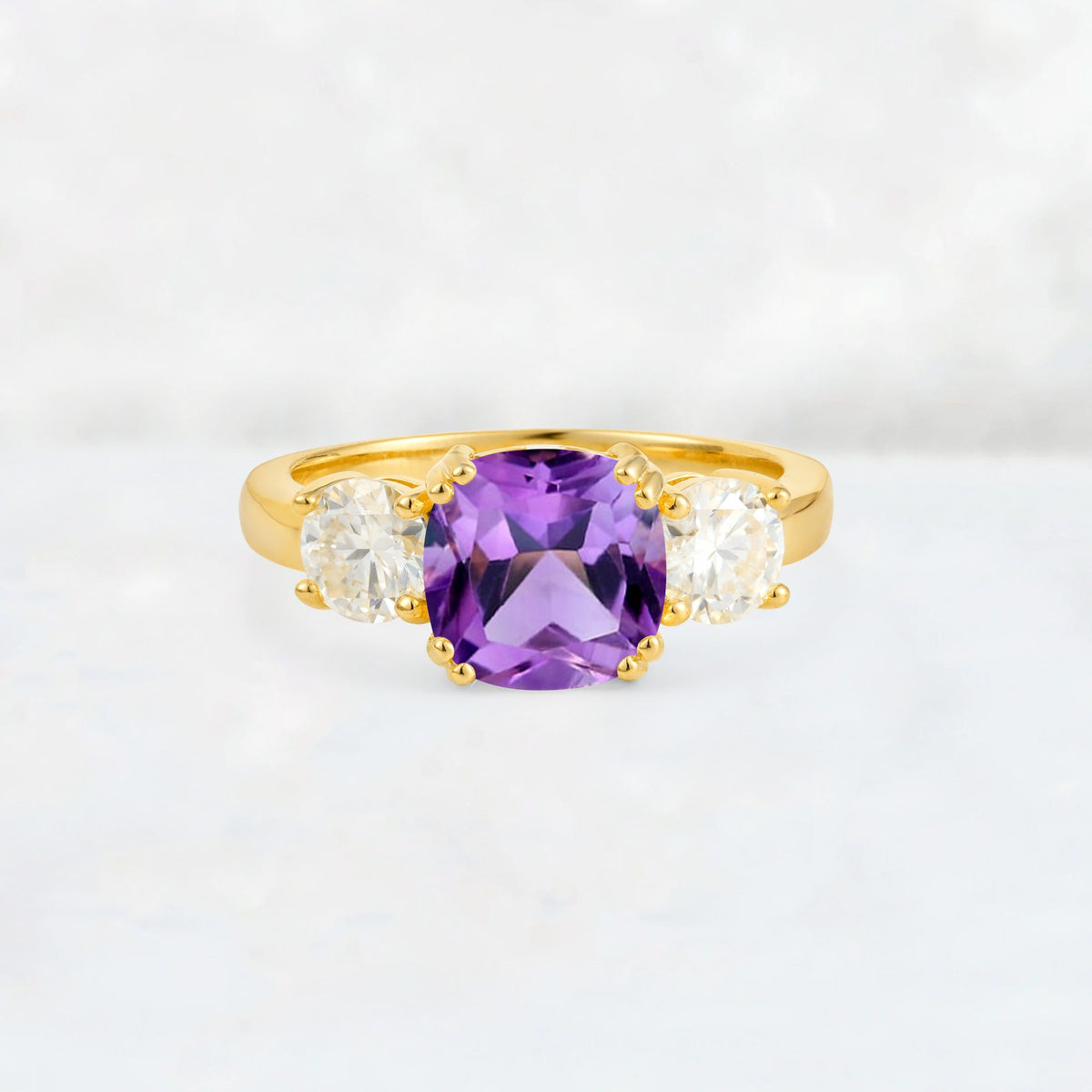 Cushion Amethyst Round Side Stone Three-Stone Engagement Ring - Additional view