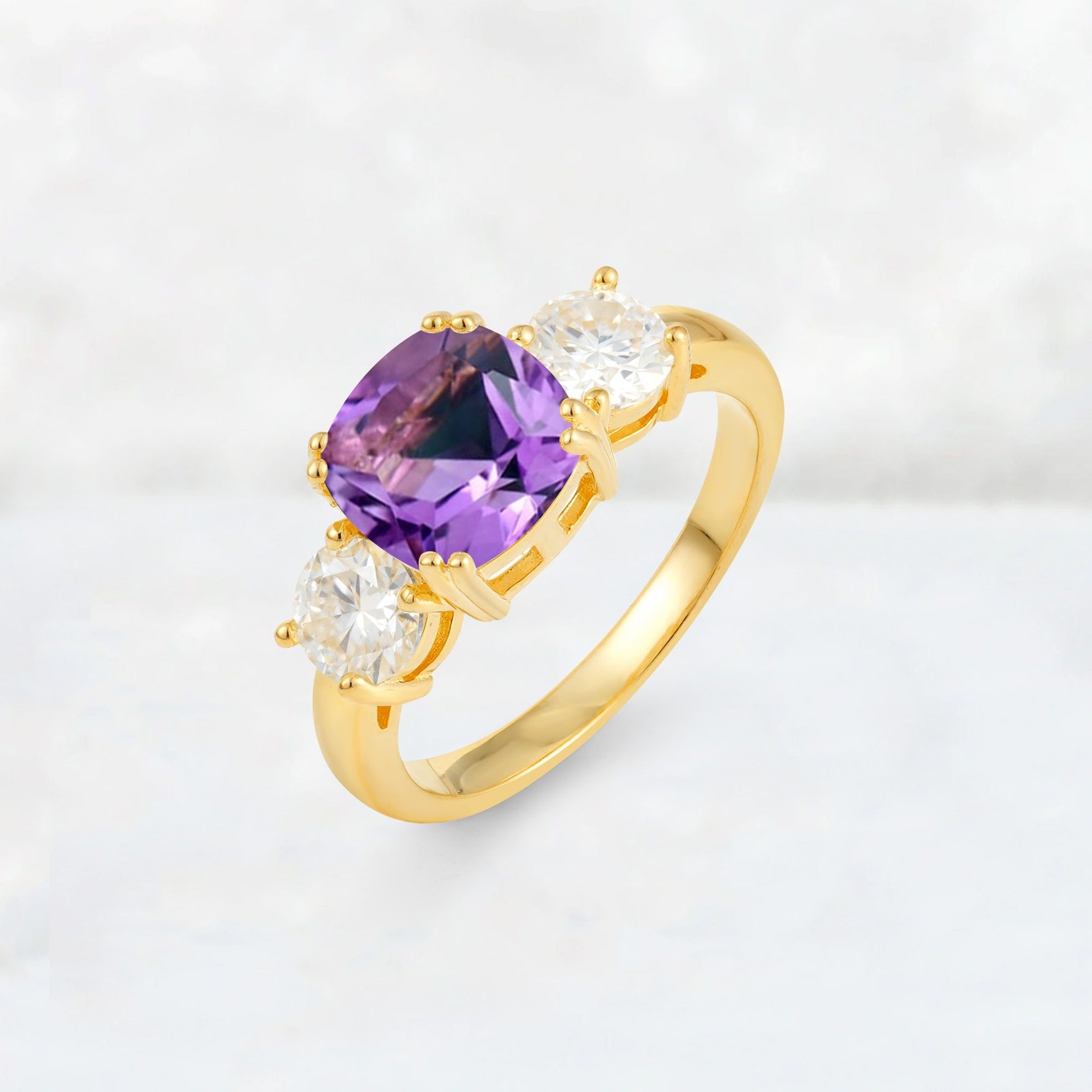 Cushion Amethyst Round Side Stone Three-Stone Engagement Ring - Additional view