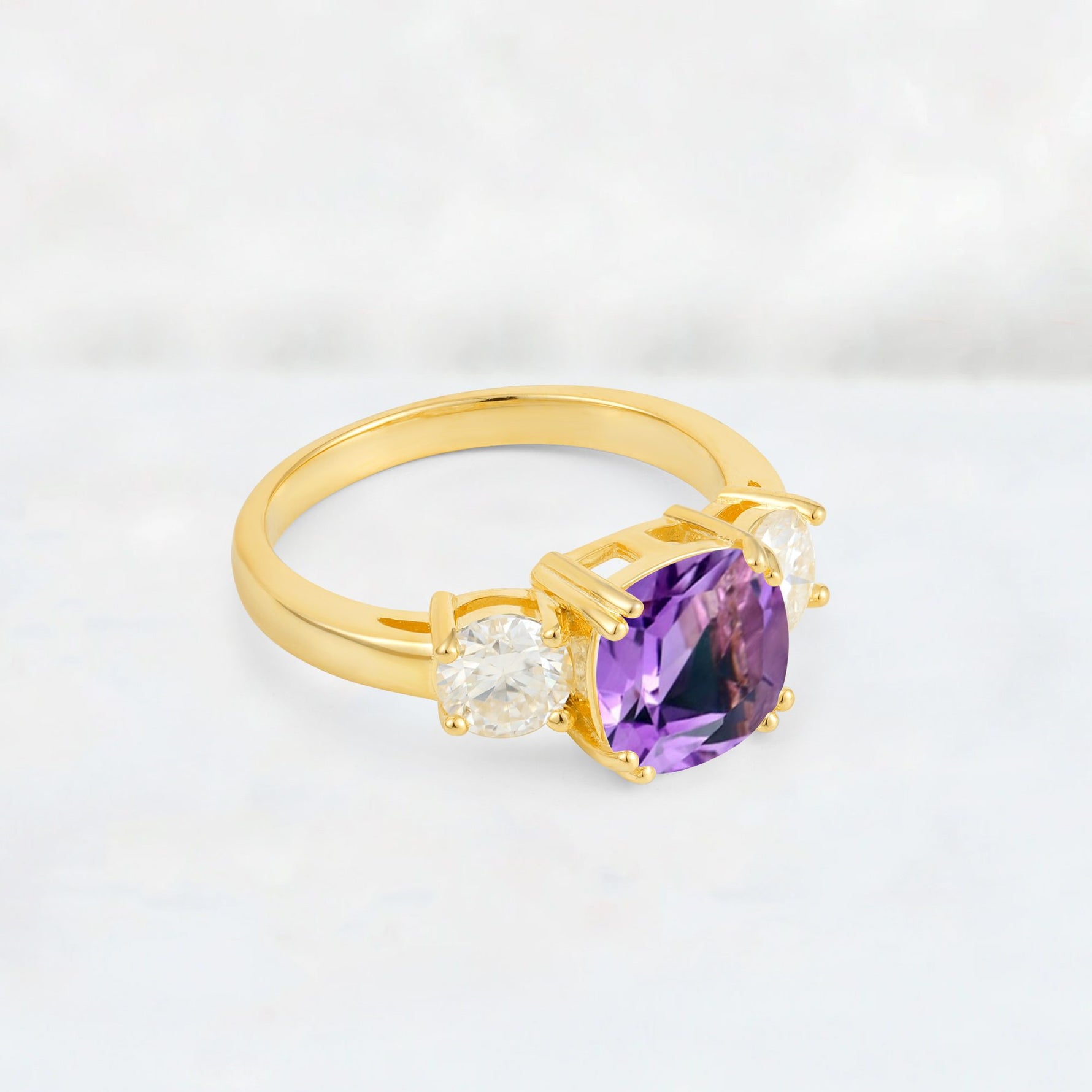 Cushion Amethyst Round Side Stone Three-Stone Engagement Ring - Additional view