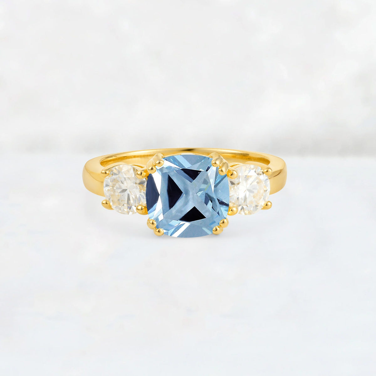 Cushion Aquamarine Round Side Stone Three-Stone Engagement Ring - Additional view