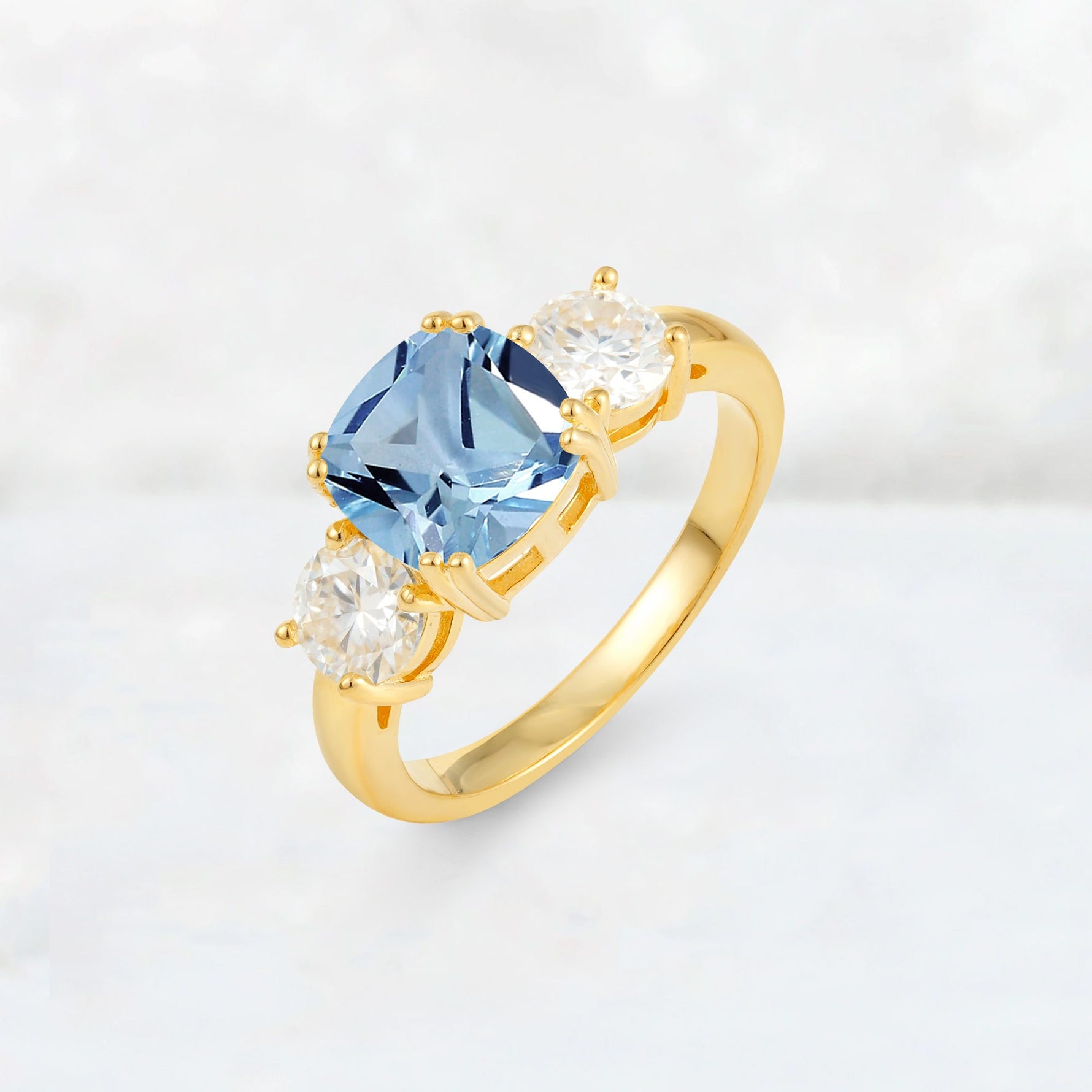 Cushion Aquamarine Round Side Stone Three-Stone Engagement Ring - Additional view