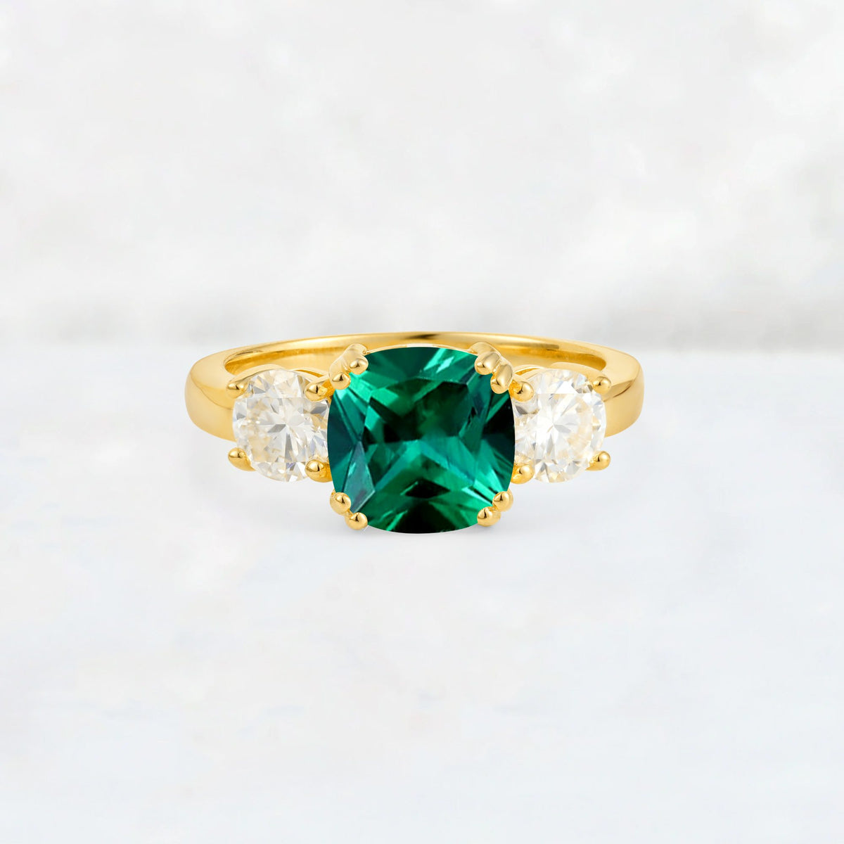 Cushion Emerald Round Side Stone Three-Stone Engagement Ring - Additional view