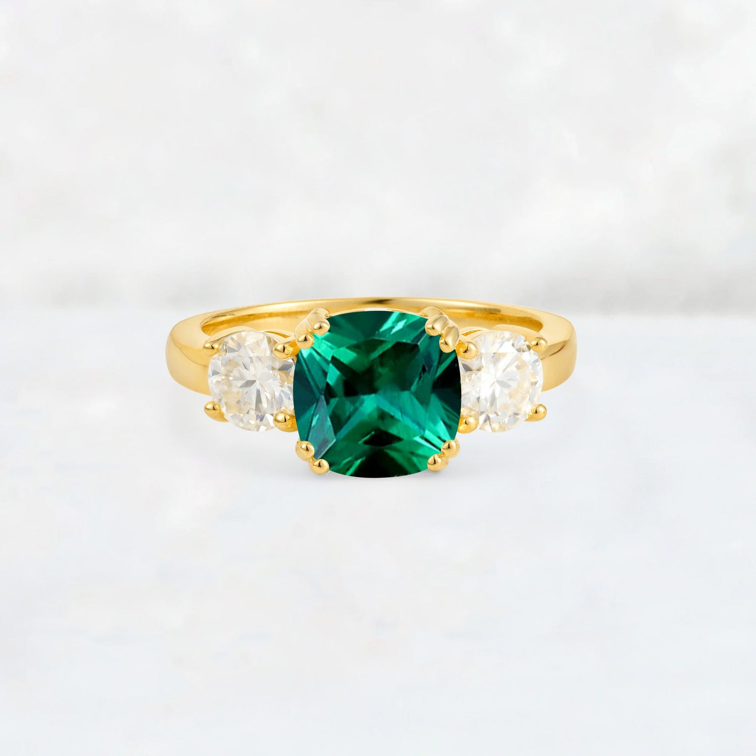 Cushion Emerald Round Side Stone Three-Stone Engagement Ring - Additional view