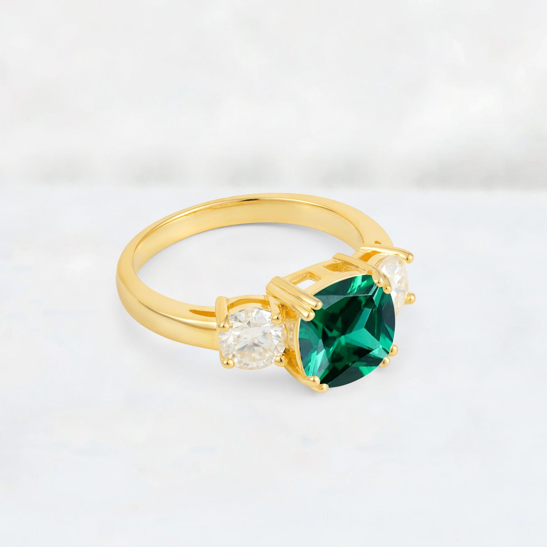 Cushion Emerald Round Side Stone Three-Stone Engagement Ring - Additional view