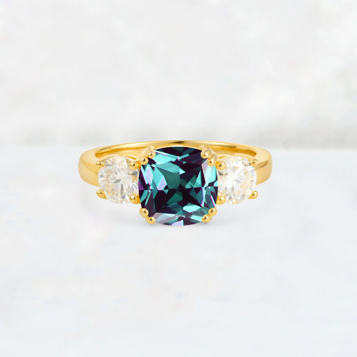 Cushion Alexandrite Round Side Stone Three-Stone Engagement Ring - Additional view