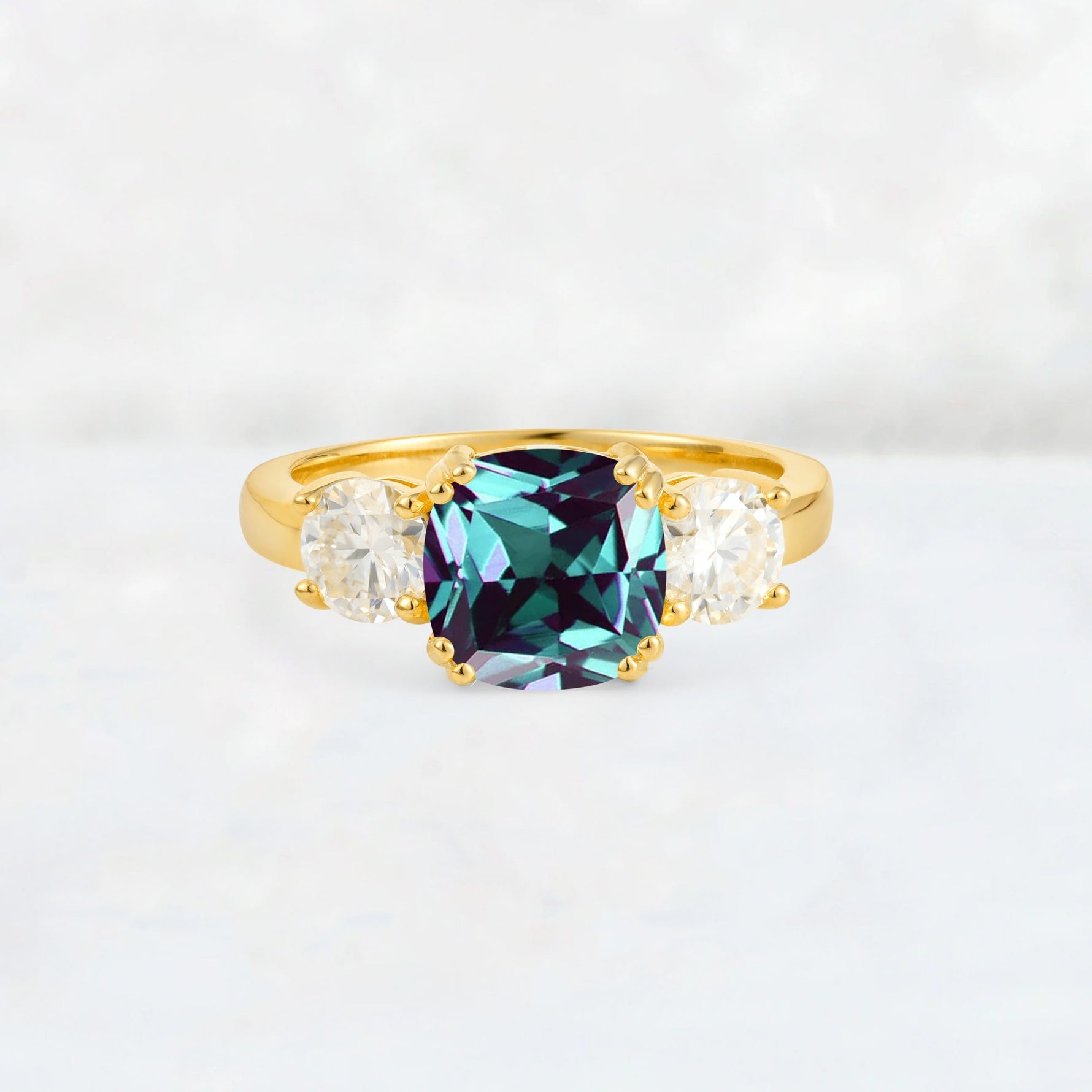Cushion Alexandrite Round Side Stone Three-Stone Engagement Ring - Additional view