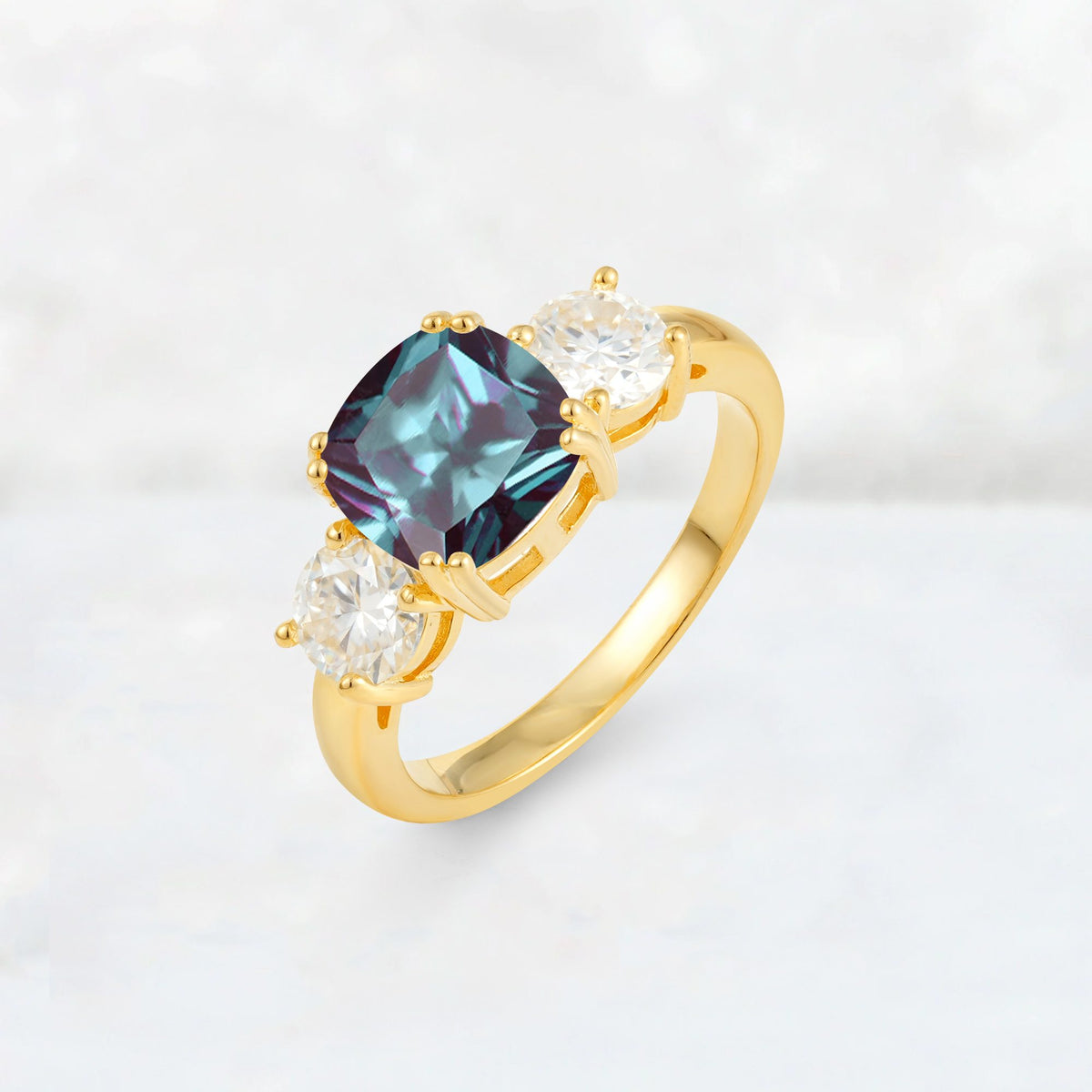 Cushion Alexandrite Round Side Stone Three-Stone Engagement Ring - Additional view
