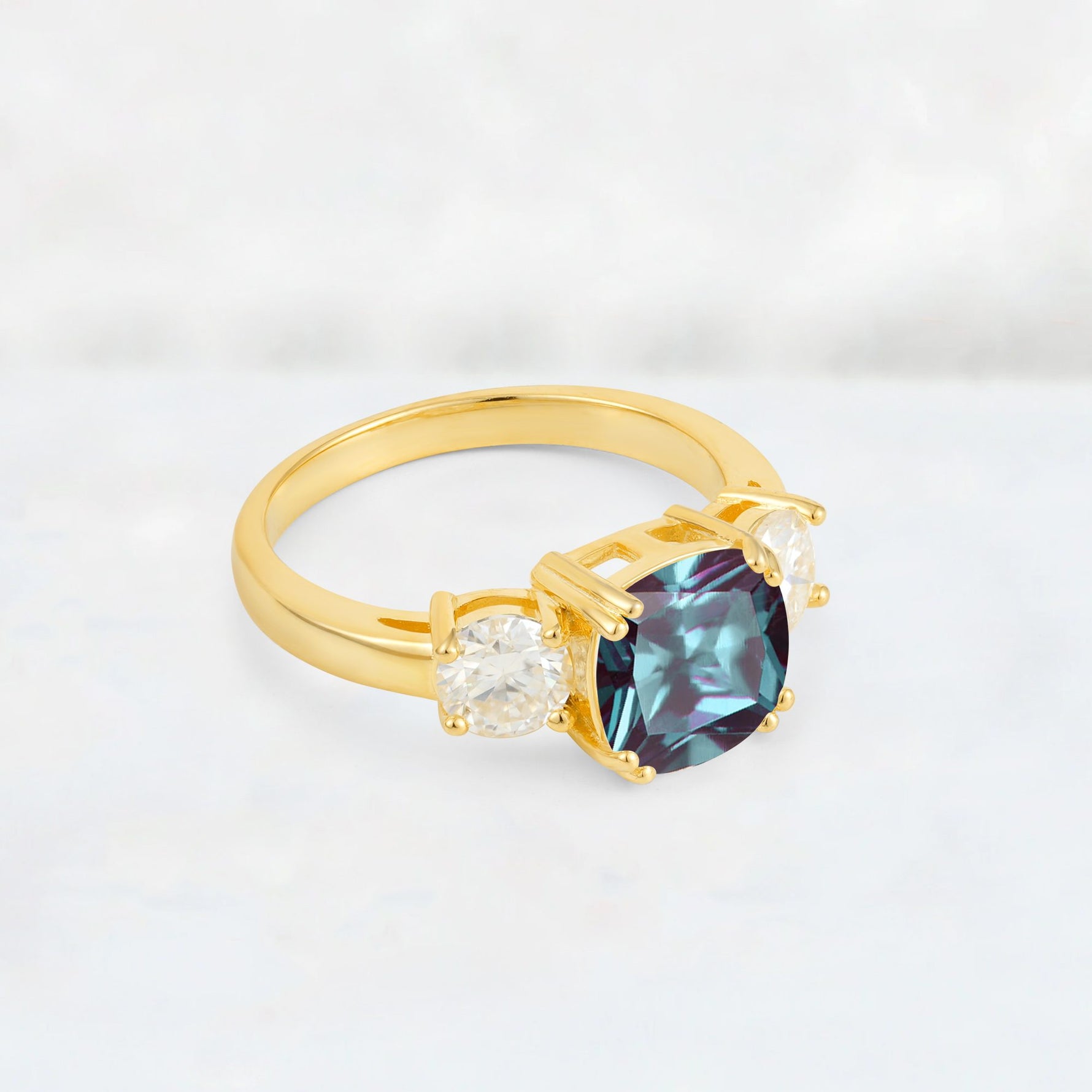 Cushion Alexandrite Round Side Stone Three-Stone Engagement Ring - Additional view