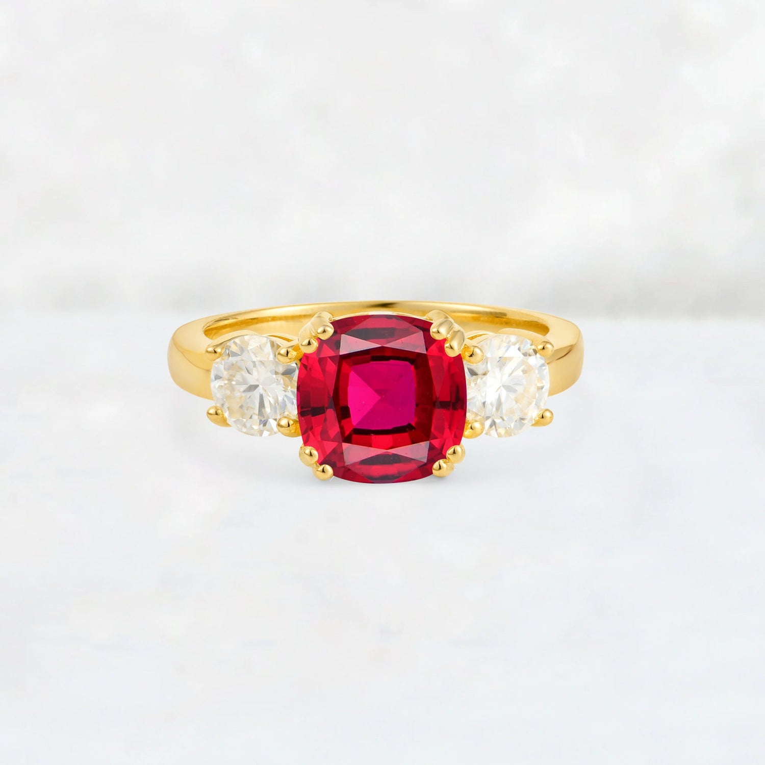 Cushion Ruby Round Side Stone Three-Stone Engagement Ring - Additional view