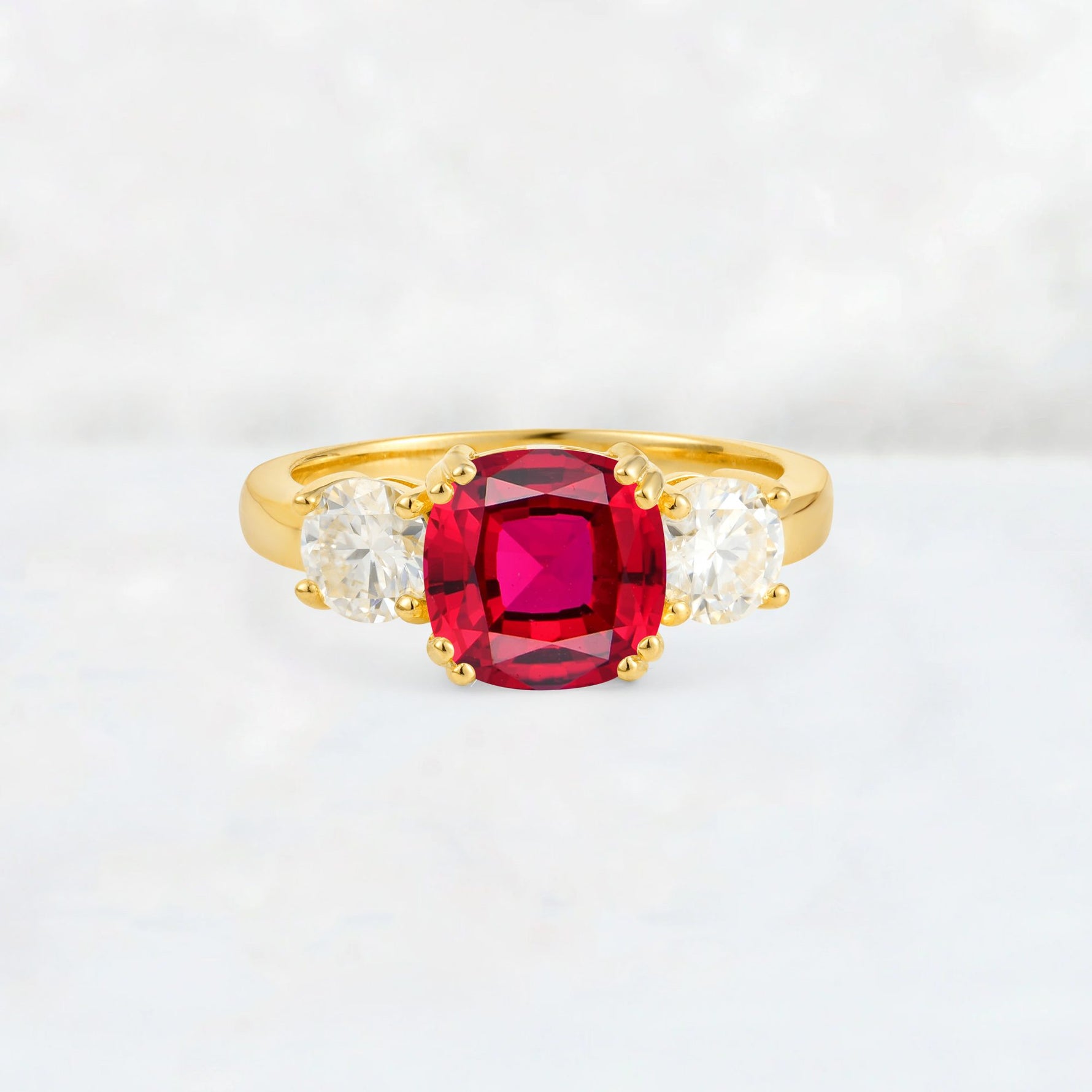 Cushion Ruby Round Side Stone Three-Stone Engagement Ring - Additional view