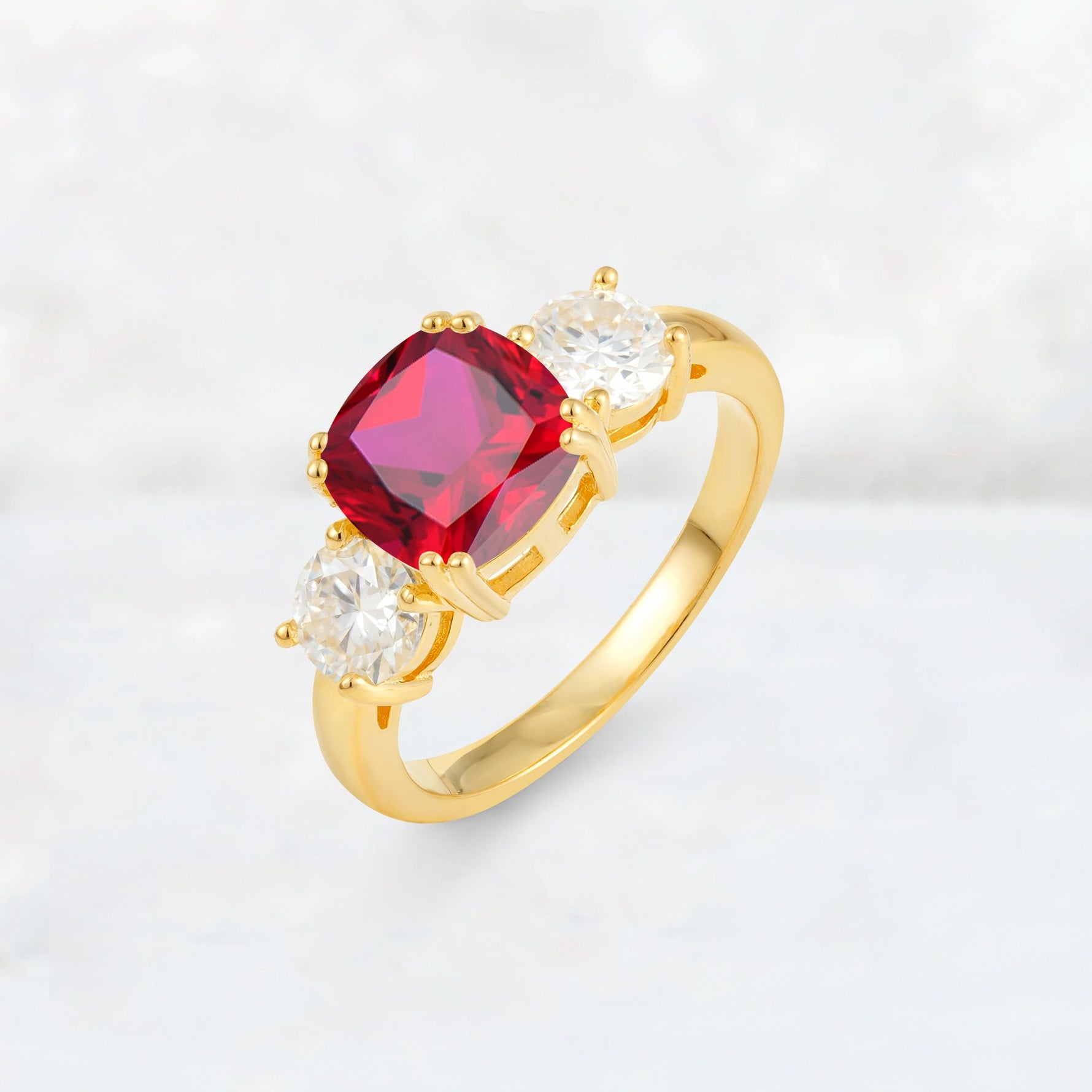 Cushion Ruby Round Side Stone Three-Stone Engagement Ring - Additional view