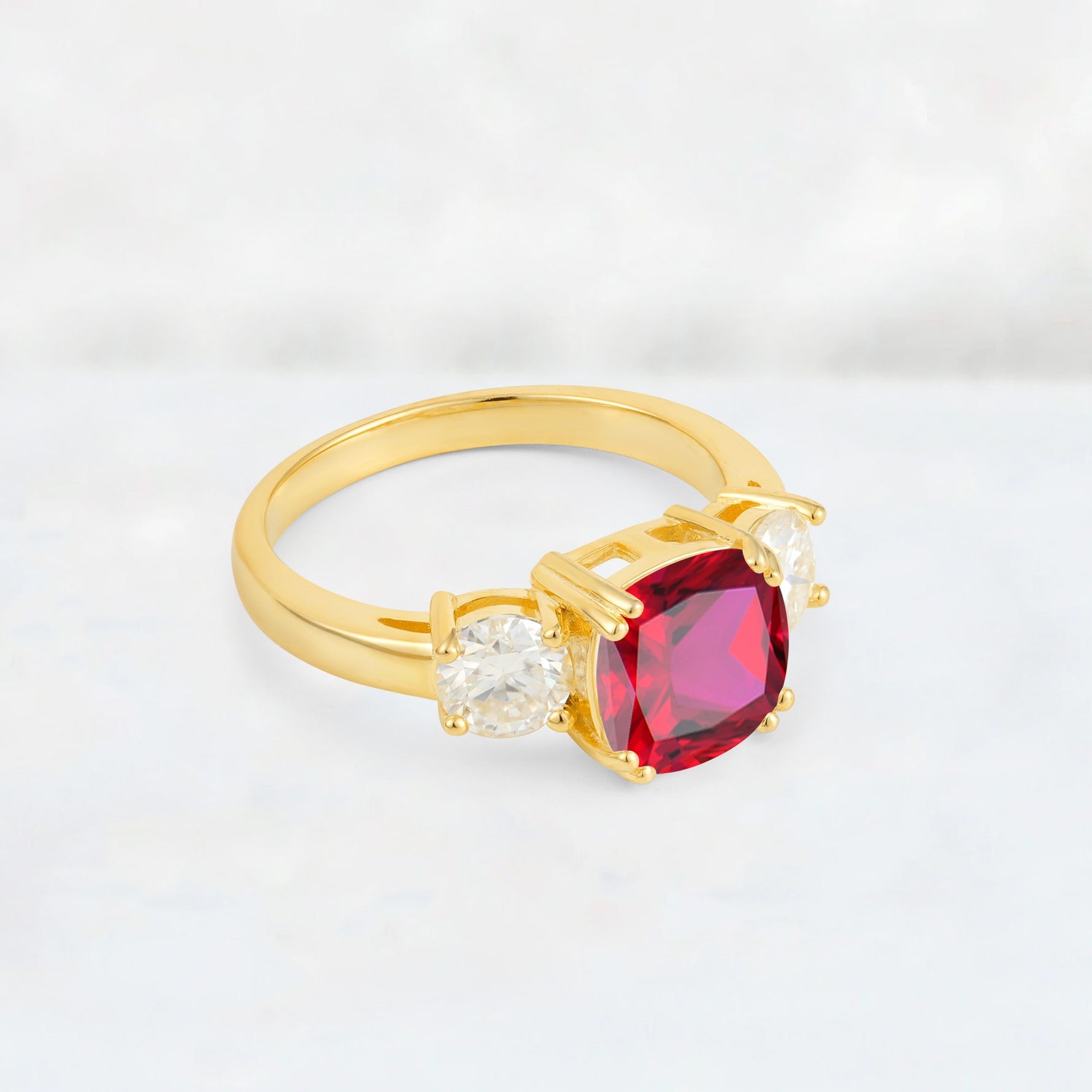 Cushion Ruby Round Side Stone Three-Stone Engagement Ring - Additional view