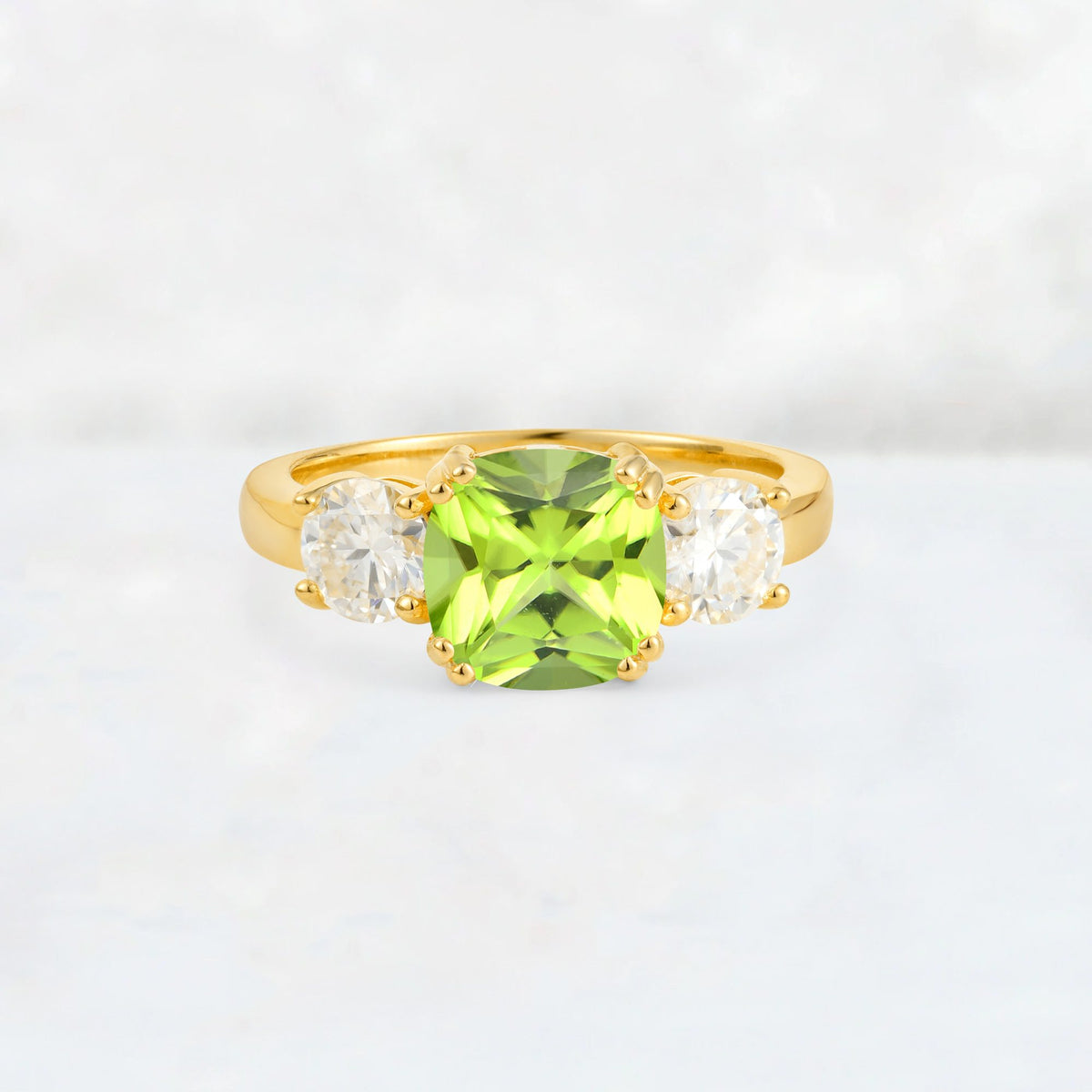 Cushion Peridot Round Side Stone Three-Stone Engagement Ring - Additional view