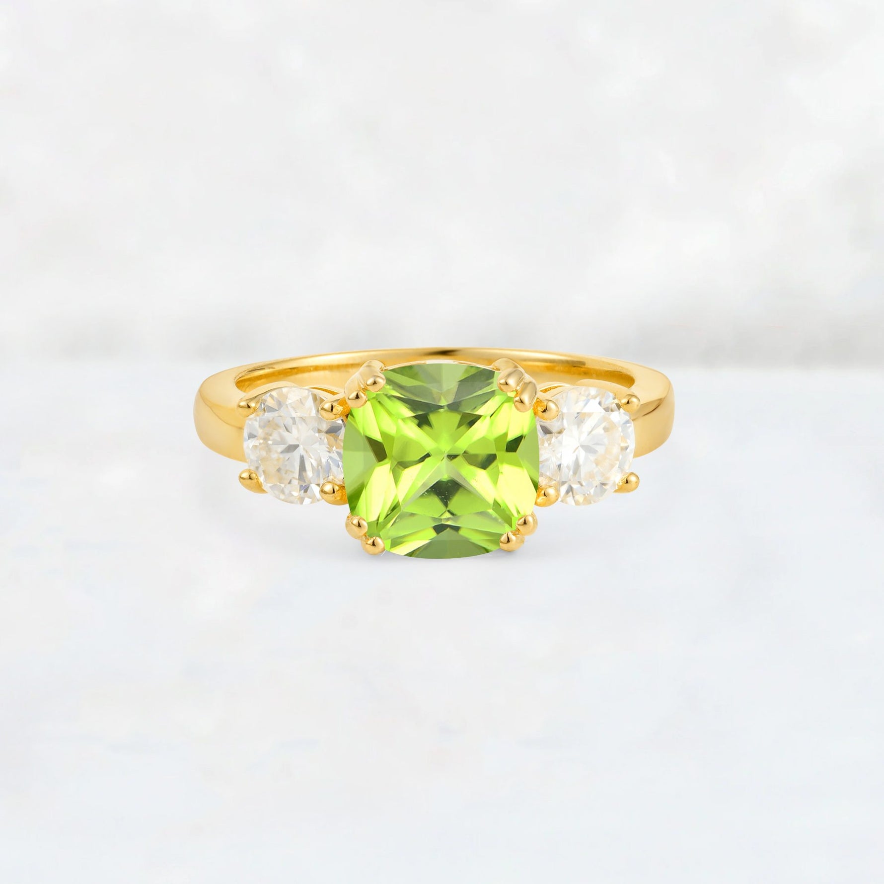 Cushion Peridot Round Side Stone Three-Stone Engagement Ring - Additional view