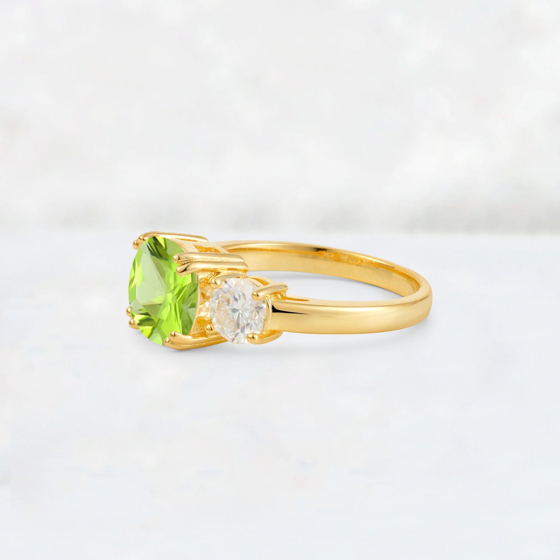 Cushion Peridot Round Side Stone Three-Stone Engagement Ring - Additional view