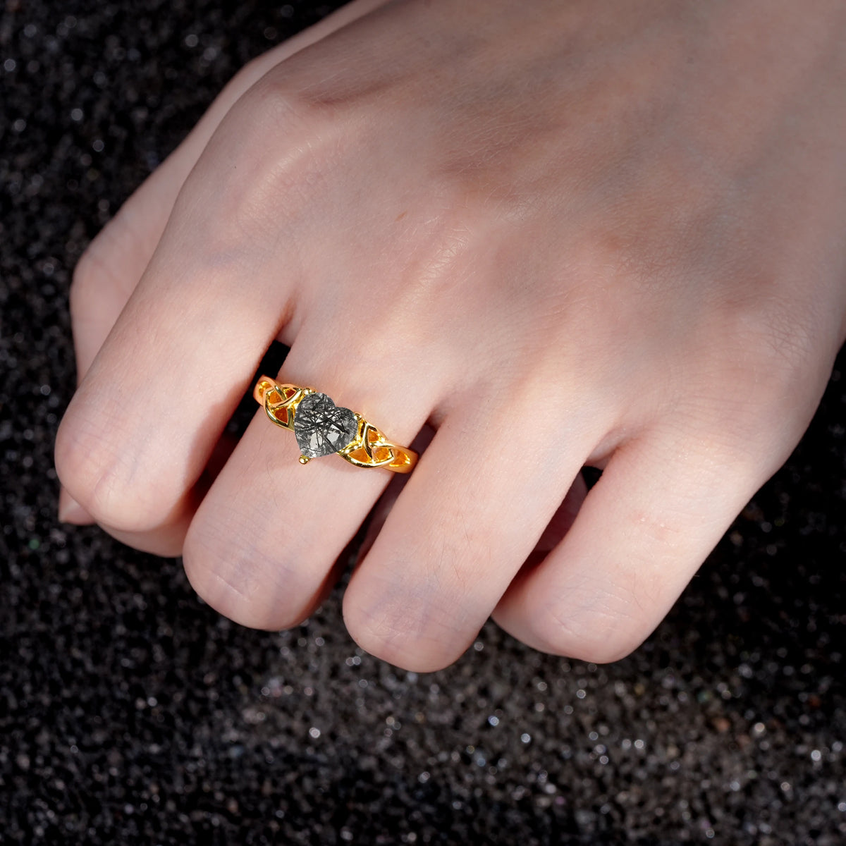 Heart Cut Black Rutilated Quartz Celtic Knot Engagement Ring