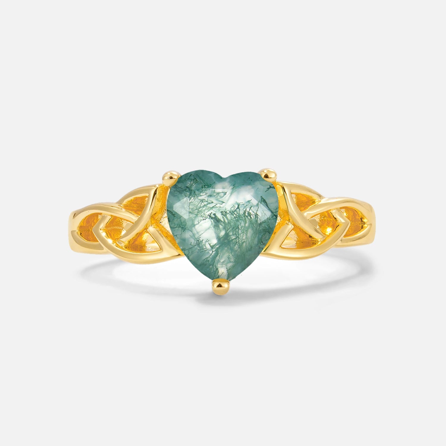 Heart Cut Moss Agate Celtic Knot Engagement Ring