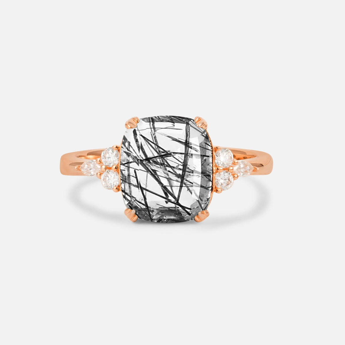 Cushion Cut Black Rutilated Quartz Engagement Ring with Side Stones - Additional view