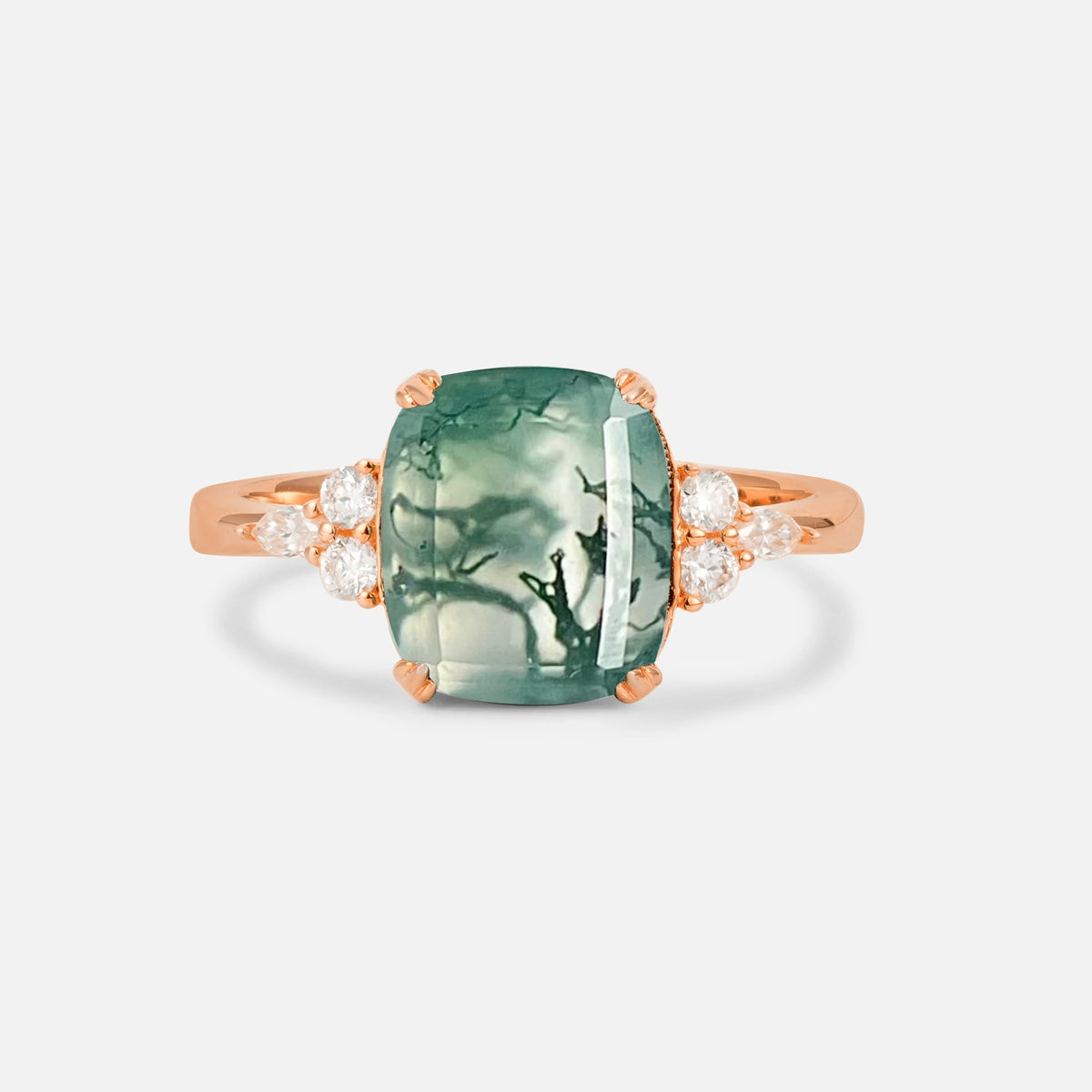 Cushion Cut Moss Agate Engagement Ring with Side Stones - Additional view