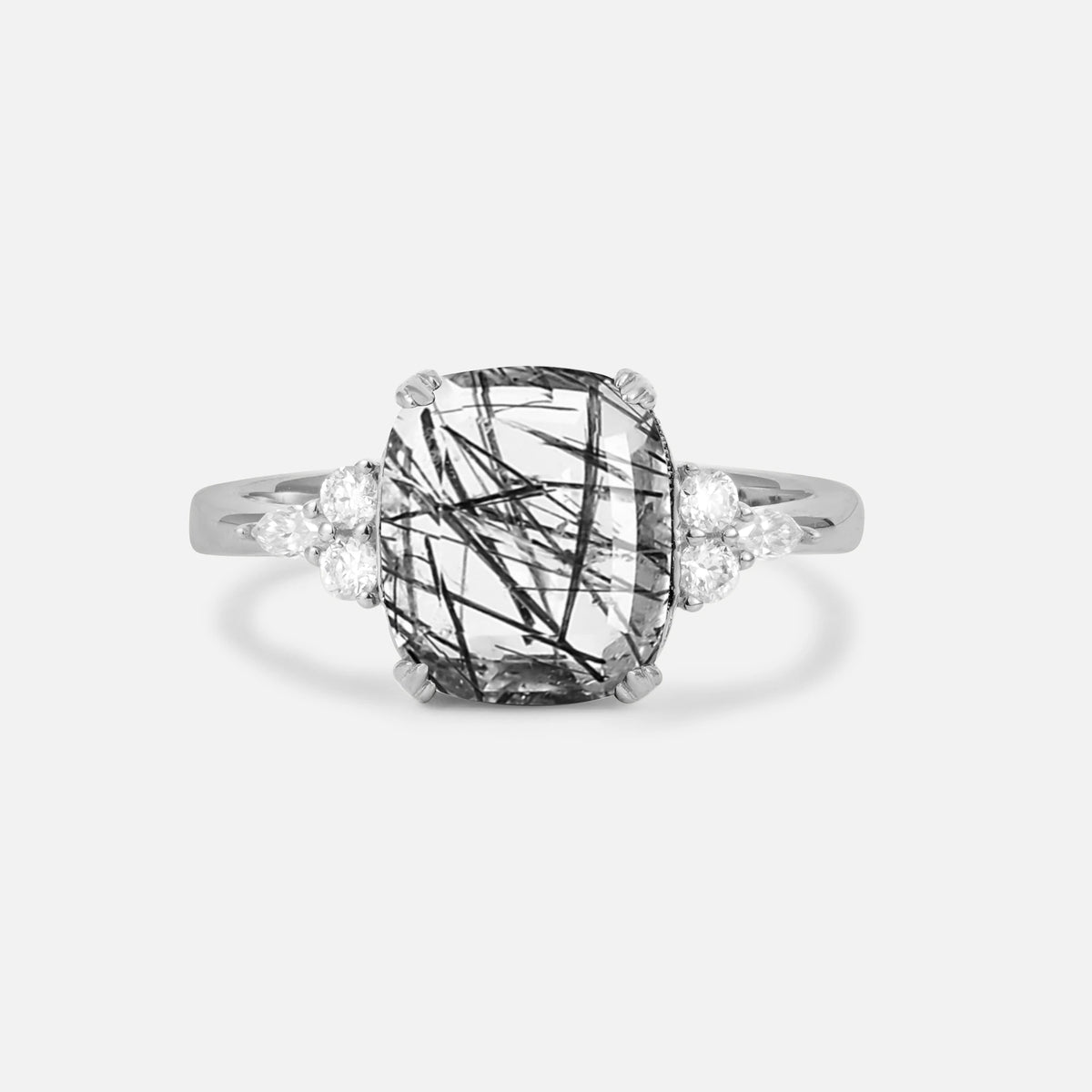 Cushion Cut Black Rutilated Quartz Engagement Ring with Side Stones - Additional view