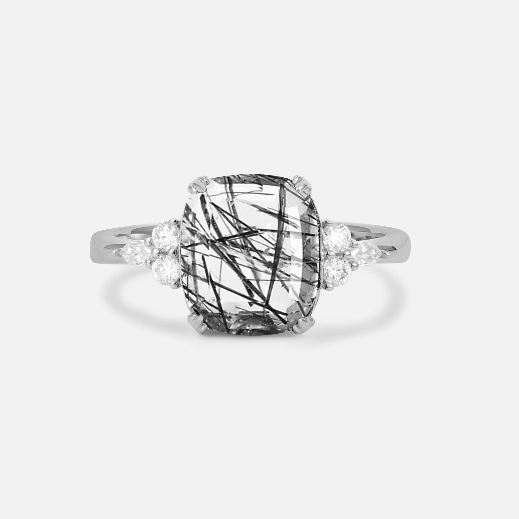 Cushion Cut Black Rutilated Quartz Engagement Ring with Side Stones - Additional view