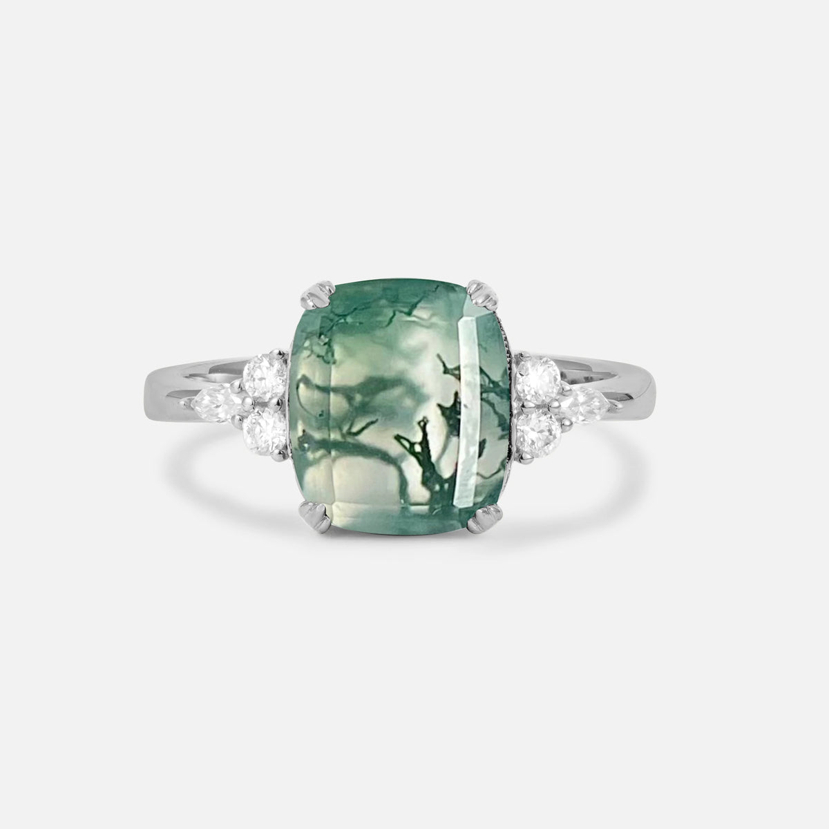 Cushion Cut Moss Agate Engagement Ring with Side Stones - Additional view
